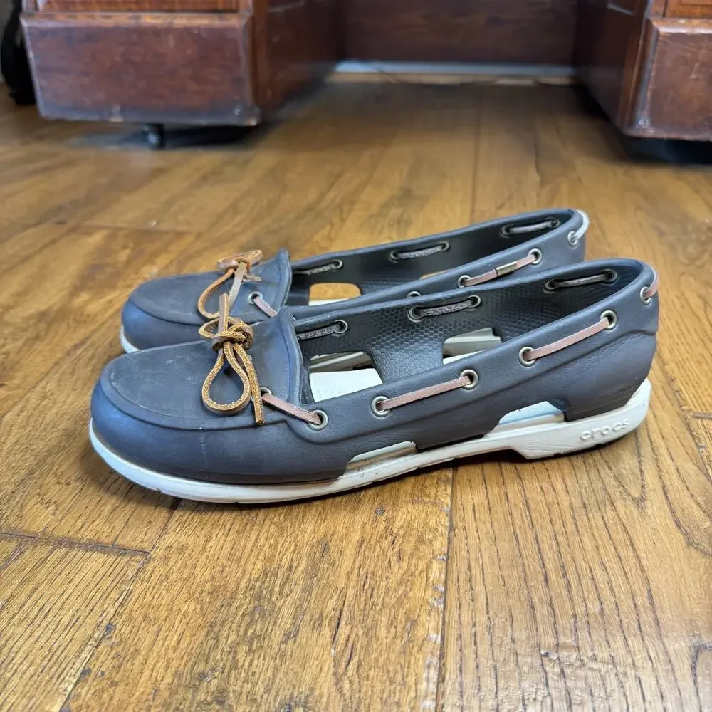 CROCS Womens 9 Beach Line Slip-On Boat Shoe Loafer Brown/White Nautical Comfort - Picture 1 of 5